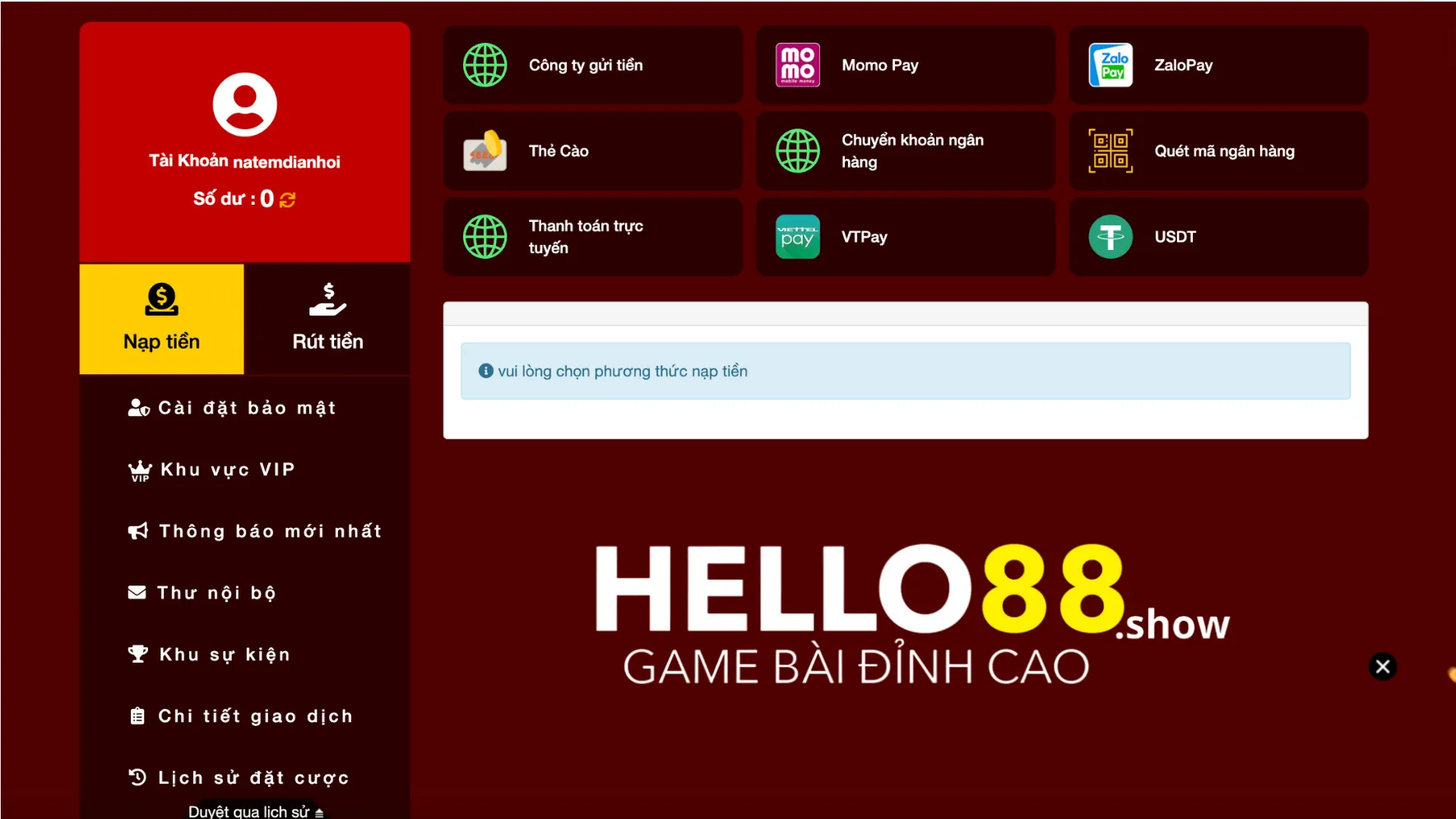 Các bước nạp tiền tại Hello88 Các bước nạp tiền tại Hello88